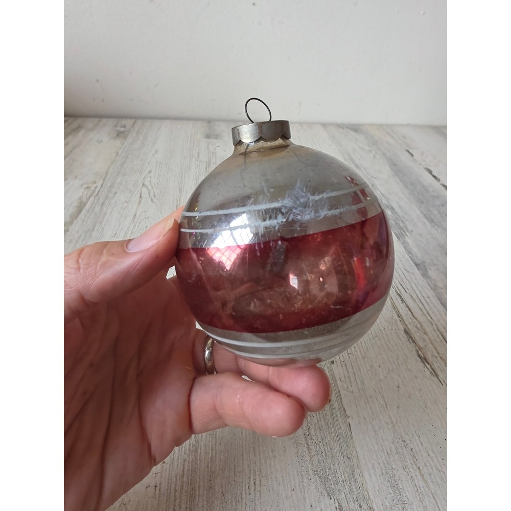 Vintage made in the US of A striped red silver ball glass ornament white